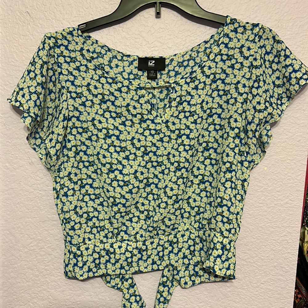 Floral, sheer, blue, yellow, and white blouse